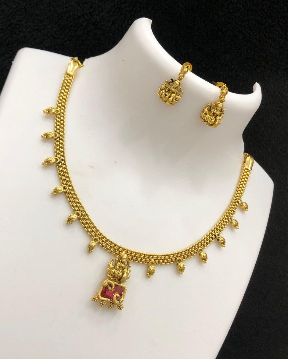 Golden Lakshmi Devi Necklace set - Ruby